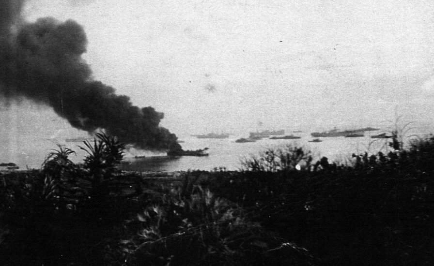 LST 808 burning at Ie Shima May 18, 1945